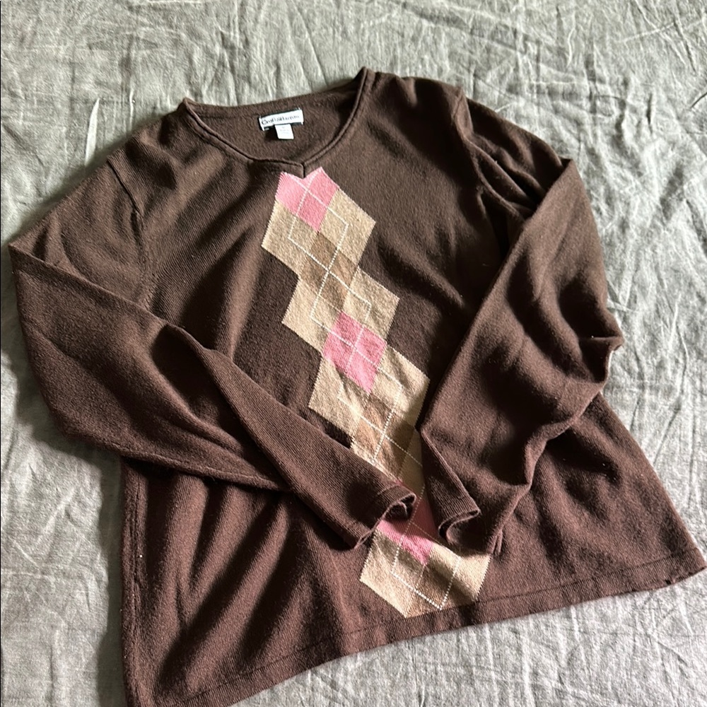 Brown Argyle Sweater with Pink and Tan Accents